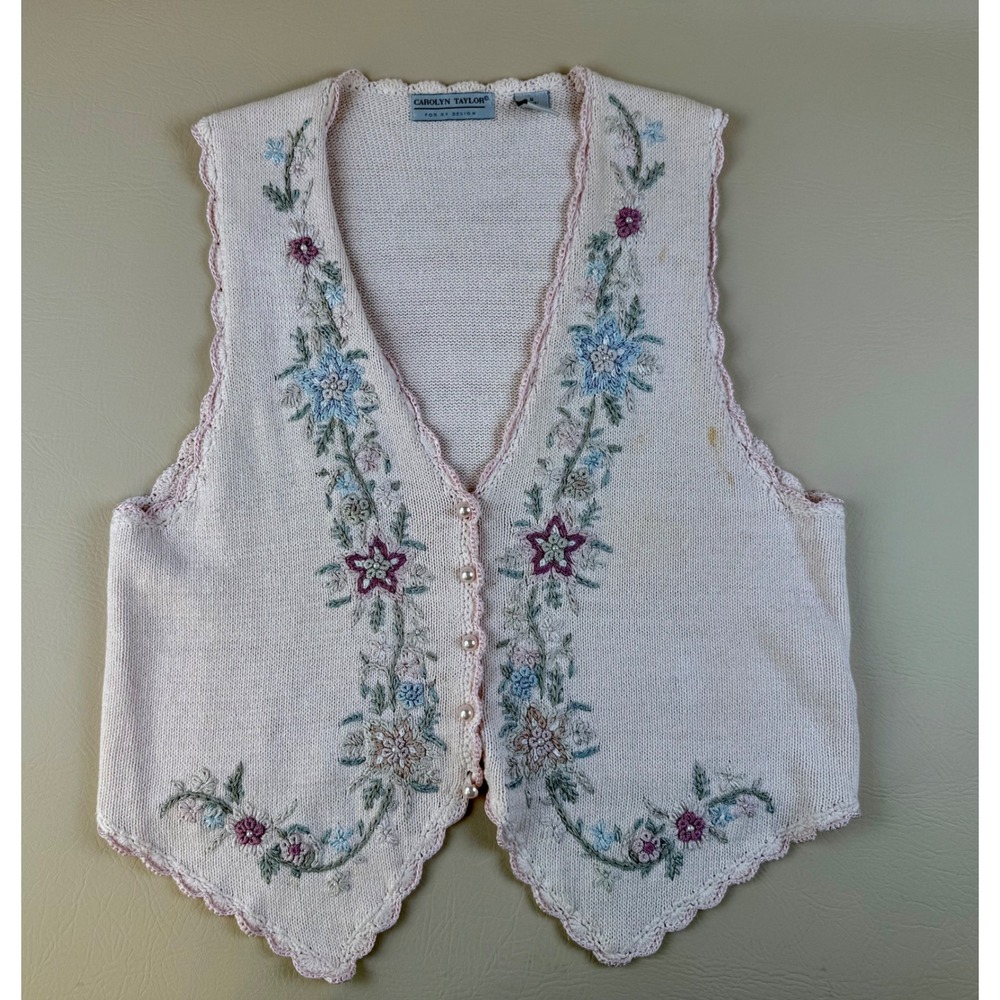 Vintage Floral Embroidered Sweater Vest‎ Cottagecore Pearl Button Pink